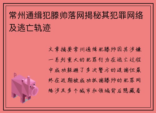 常州通缉犯滕帅落网揭秘其犯罪网络及逃亡轨迹