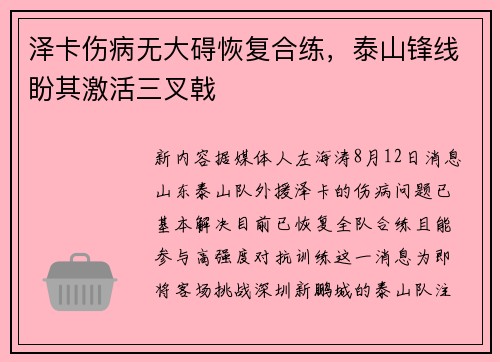 泽卡伤病无大碍恢复合练，泰山锋线盼其激活三叉戟